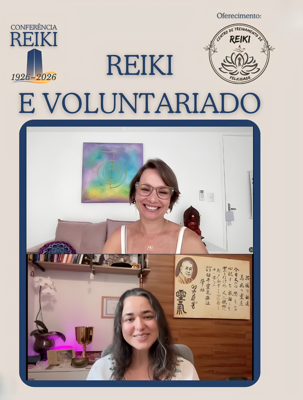 Registro da participação de Michele na Conferência Reiki 1926–2026, em formato online, com o tema Reiki e voluntariado